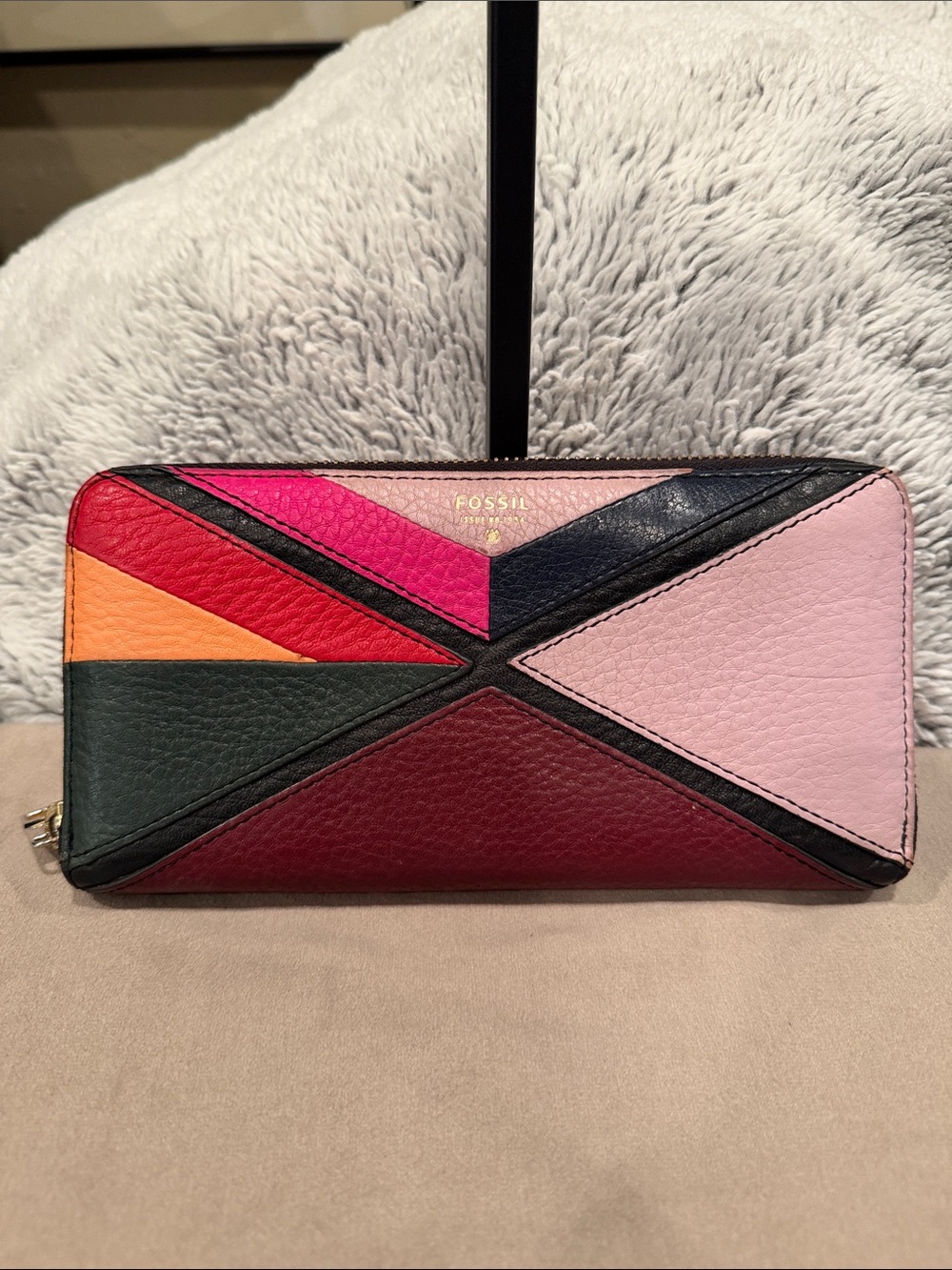 Fossil Colorblock Leather Zip Wallet - Pink, Red & Orange Accents